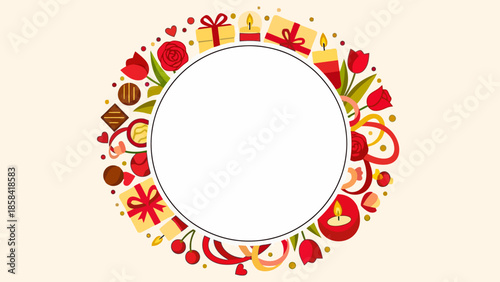 Round love and celebration frame with gifts, roses, and hearts for Valentine's Day or special occasions
