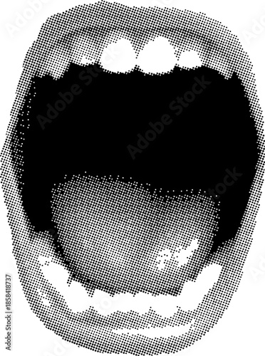 Photos Opened woman mouth in scream as retro halftone collage elements for mixed media design
