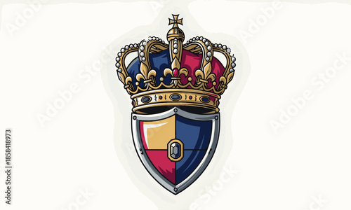 Print Vibrant Heraldic Shield with Imperial Crown Featuring Gold Red and Blue Colors