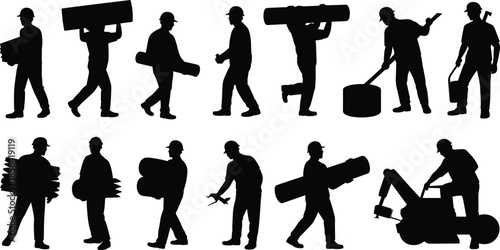 Twelve black silhouettes of construction workers performing various tasks with tools and gear, ideal for industrial design and education.