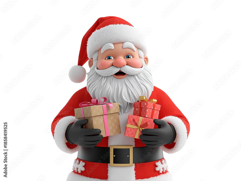 Fototapeta premium Happy Santa Claus in a red hat and cap carries a cute Christmas gift box and toys for a snowy winter holiday celebration in December