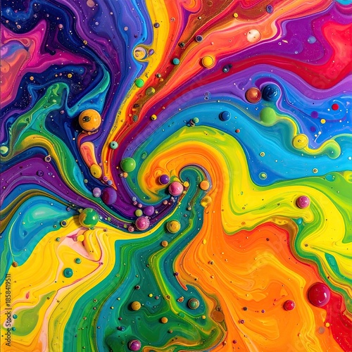 Abstract rainbow swirl with colorful spheres
