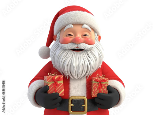A fun cartoon illustration of Santa Claus with a red hat and beard holding a bag of holiday gifts by a decorated Christmas tree for a winter celebration