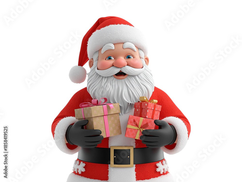 Happy Santa Claus in a red hat and cap carries a cute Christmas gift box and toys for a snowy winter holiday celebration in December