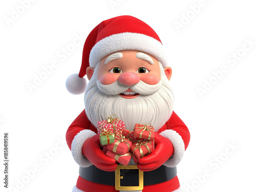 A happy Santa Claus wearing a red hat and cap holds a gift box present for a fun Christmas winter holiday celebration with toys and decorations during the December Xmas season