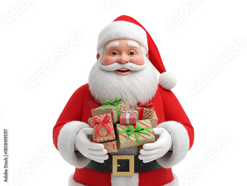 A cute cartoon Santa Claus with a beard and hat holding a gift box and presents for a happy Christmas holiday celebration in a winter snow season