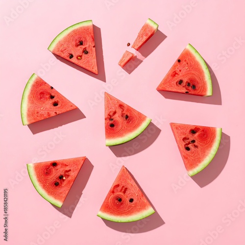 Watermelon slices arranged in a circle on a pink background