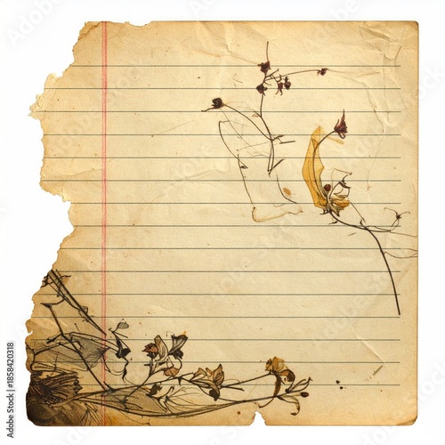 Aged notepad page with botanical sketch