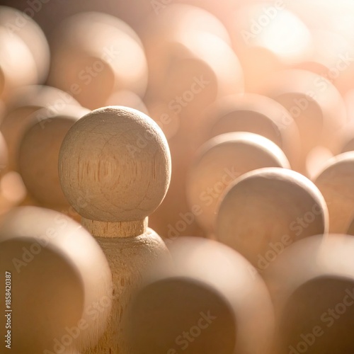 Wooden figures, a single one prominent, amidst a crowd. Soft light highlights the figures