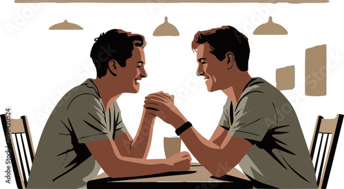 Create a realistic Backlit isolated image of two people sitting in a cafe on a romantic date vector art with white background.