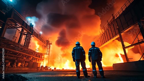 Workers Observing Industrial Landscape with Flames and Smoke in Manufacturing Facility at Night