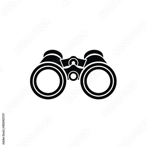 A simple black silhouette illustration depicts a pair of classic binoculars showcasing their circular lenses and focused viewing capabilities high quality