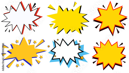 Vector illustration set of cartoon comic book explosion starburst bubbles featuring boom speech icons and orange yellow star shapes for sale banner design art