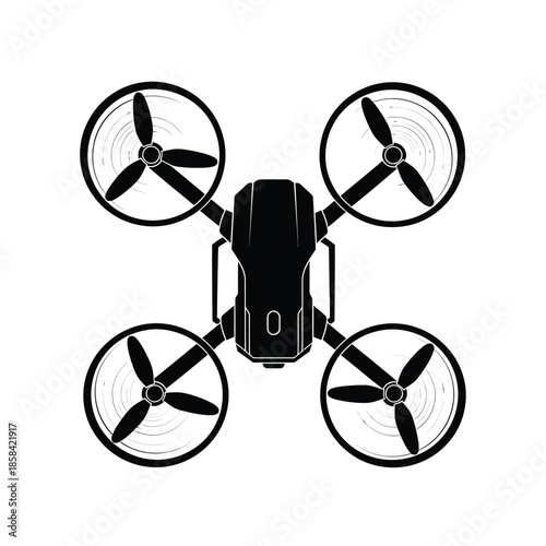 A sleek black quadcopter drone with four visible rotors is depicted in a minimalist style showcasing modern aerial technology and design