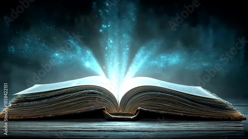 Magical Open Book with Glowing Light and Sparkles Emitting from Its Pages
