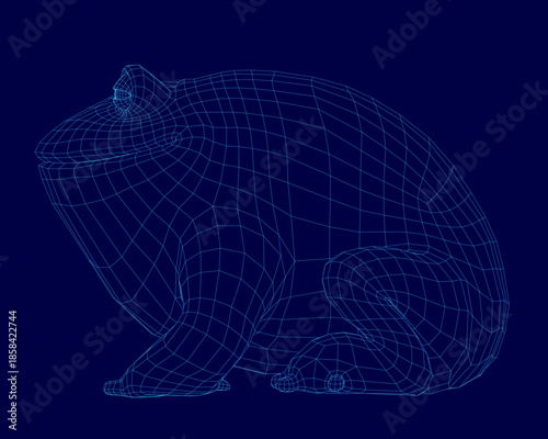 A plump frog 3D wireframe model sits on a solid blue background, showcasing detailed digital anatomy and realistic rendering.