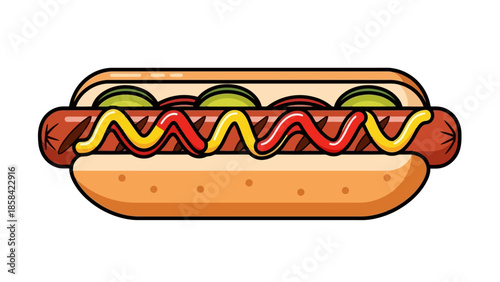 A vibrant illustration of a hot dog with condiments and relish on a bun, resembling a food graphic like ghjghj.eps.