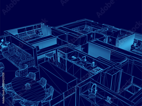 Detailed blueprint of a house floor plan, highlighting the kitchen and living room layout with dining furniture. The wireframe design is presented on a deep blue technical background.