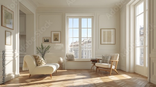 Large, open living room with a white couch and two chairs. The room is filled with natural light and has a clean, minimalist design