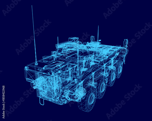 A 3D wireframe blueprint of a military armored personnel carrier, isolated on a solid blue background for clear technical presentation.