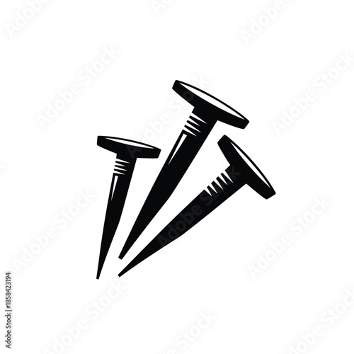 A simple black and white illustration depicts four metal nails lying at slightly different angles on a plain white background