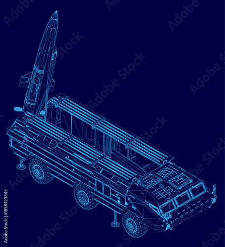 A 3D wireframe model of a military missile launcher on a stark blue background. The detailed blueprint reveals the rocket's body, wings, and tail section.