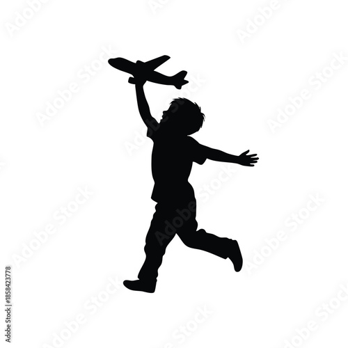 A silhouette of a cheerful young boy playfully running while holding a toy airplane aloft in a dynamic pose against a clean white background with a sense of freedom and joy.