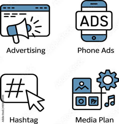 Digital advertising and media planning icon set: smartphone mobile ads, marketing megaphone, hashtag social engagement, and content strategy symbols
