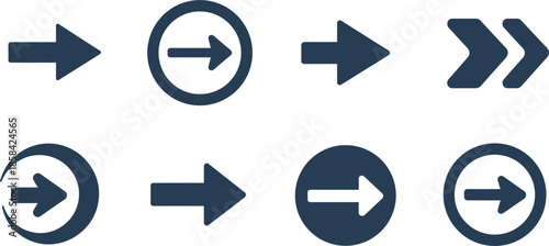 Navigation arrow and directional pointer icon set: right next button symbols, interface movement, and web click vector elements