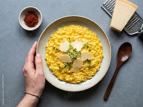 Creamy Saffron Risotto with Parmesan Cheese and Fresh Herbs Served on a Grey Table.