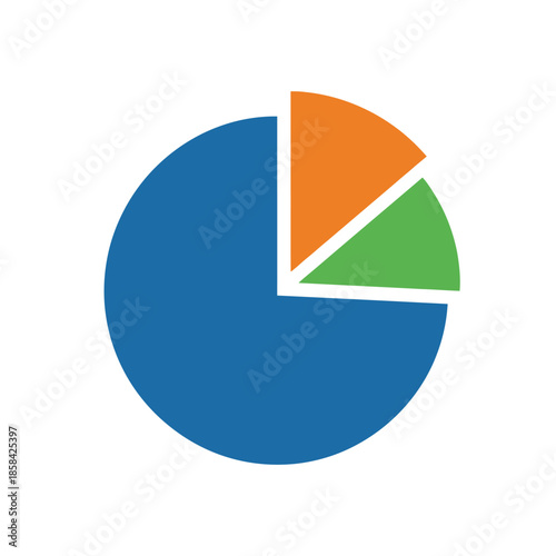 a colorful pie chart illustration depicting three distinct segments blue dominating the visual representation with green and orange accents high quality