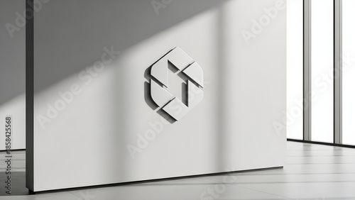 Modern Geometric 3D Logo Identity Emblem on a Clean White Wall with Natural Light Casting Dynamic Shadows in a Contemporary Office Interior