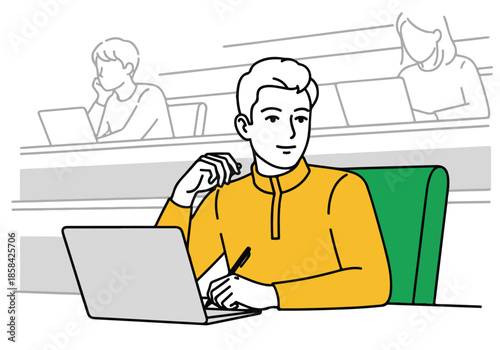 Student working on laptop in library - Lifestyle Illustration, Flat Line Art, Flat Style Illustration, Flat Line Illustration, Cartoon Line Illustration, Modern Outline Flat Illustration