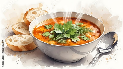 Watercolor illustration of a warm soup bowl with herbs and gentle steam
