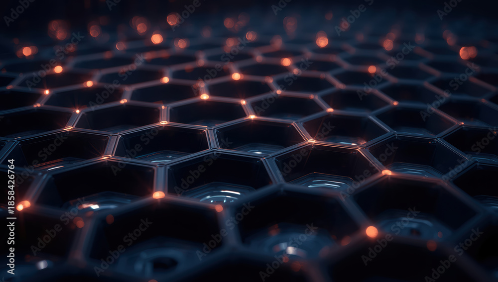 Fototapeta premium Futuristic dark hexagon grid with glowing orange nodes and reflective surfaces, moody atmosphere