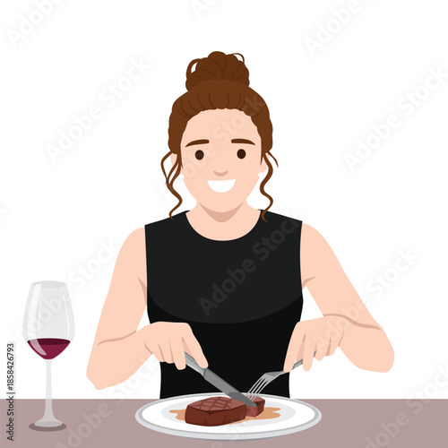 Happy Woman Eating Steak at Restaurant. Flat vector illustration isolated on white background