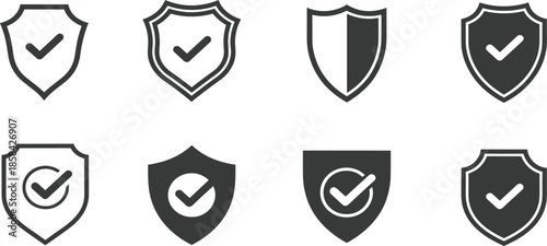 Security protection shield icon set: verified safety check mark symbols, data privacy guard, and insurance guarantee vector elements