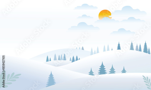Minimalist Winter Landscape with Snow-Covered Hills, Pine Trees, Sun and Clouds. Nature background for Christmas or New Year. Peaceful wintertime scene.