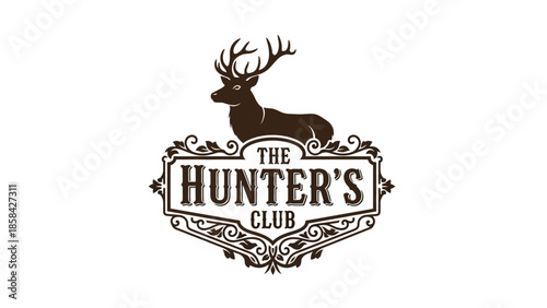 Vintage Hunters Club Logo with Majestic Deer Silhouette and Ornate Frame.