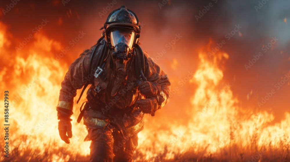 Obraz premium A courageous firefighter wearing protective gear, battling fierce flames, representing bravery and determination in the face of danger during wildfires.