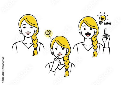 Three women expressing different emotions - Lifestyle Illustration, Flat Line Art, Flat Style Illustration, Flat Line Illustration, Cartoon Line Illustration, Modern Outline Flat Illustration