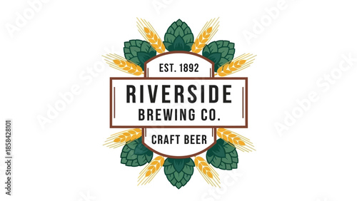 Riverside Brewing Co Craft Beer Logo with Hops and Wheat.