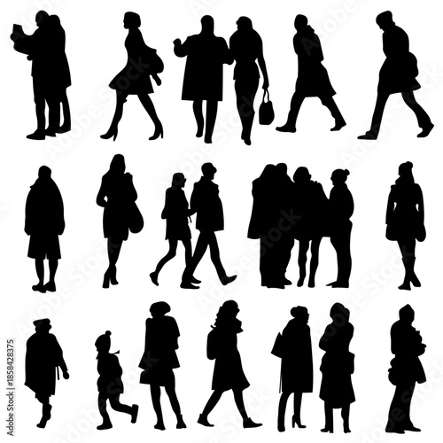 Set of realistic human silhouettes showing people walking, standing, talking, and interacting in everyday urban situations. The figures are presented as clean vector silhouettes, ideal for designe