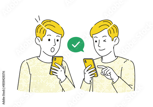 Two men engaged in smartphone conversation - Lifestyle Illustration, Flat Line Art, Flat Style Illustration, Flat Line Illustration, Cartoon Line Illustration, Modern Outline Flat Illustration