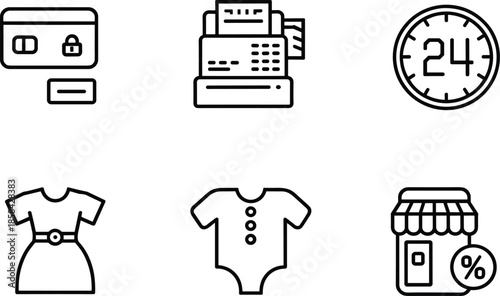 Retail shopping and apparel icon set, credit card payment, cash register, twenty four hour service, and clothing symbols
