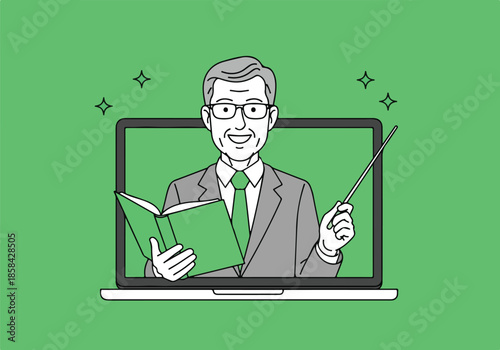 Teacher conducting online class - Lifestyle Illustration, Flat Line Art, Flat Style Illustration, Flat Line Illustration, Cartoon Line Illustration, Modern Outline Flat Illustration