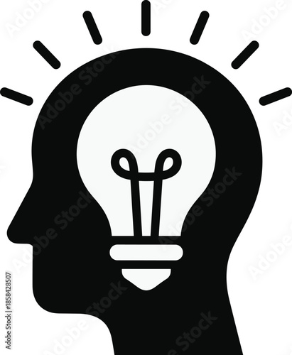 Bright Idea Light Bulb in Human Head Silhouette Icon