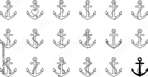 Outline Vector Icon Set Featuring Various Anchor Designs Nautical Equipment and Maritime Symbols for Coastal Marine and Shipping Design