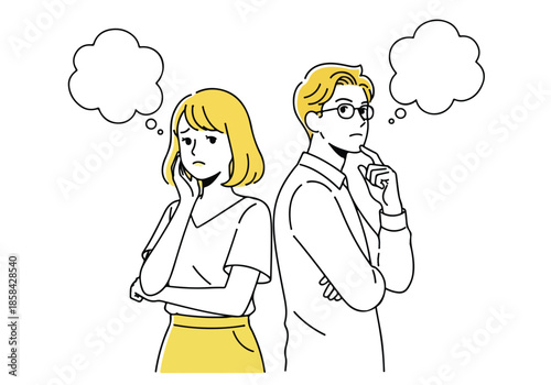 Two individuals in thoughtful contemplation - Lifestyle Illustration, Flat Line Art, Flat Style Illustration, Flat Line Illustration, Cartoon Line Illustration, Modern Outline Flat Illustration