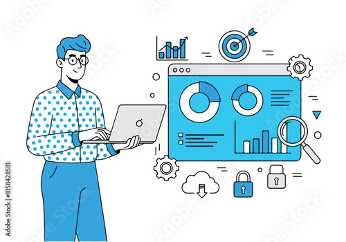 Analyzing data with advanced tools - Lifestyle Illustration, Flat Line Art, Flat Style Illustration, Flat Line Illustration, Cartoon Line Illustration, Modern Outline Flat Illustration